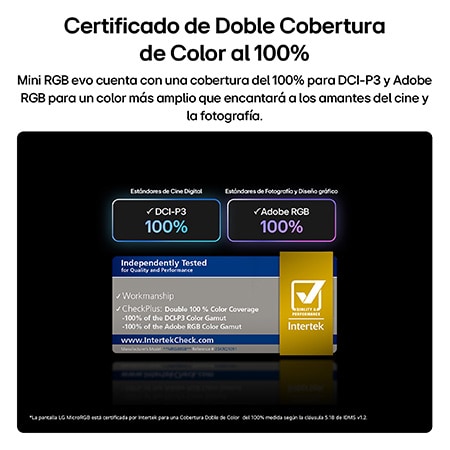 LG Mini RGB evo AI MRGB85, featuring RGB Primary Color Pro, delivers 100% color coverage of DCI-P3 and Adobe RGB, certified by Intertek.